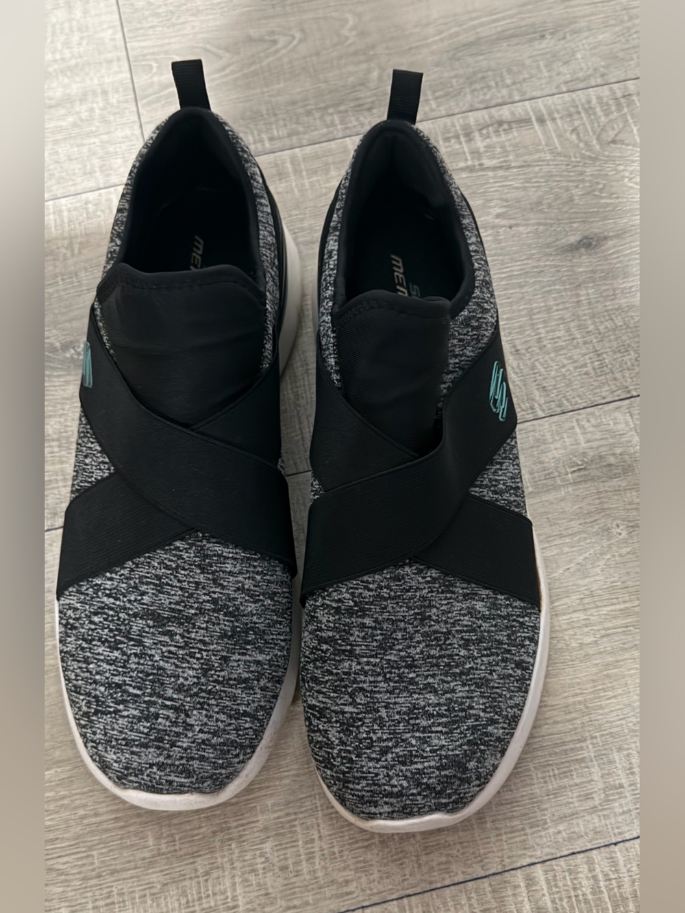 Skechers Women's Slip-On Knit Sneakers in Black and Gray with Aqua Logo